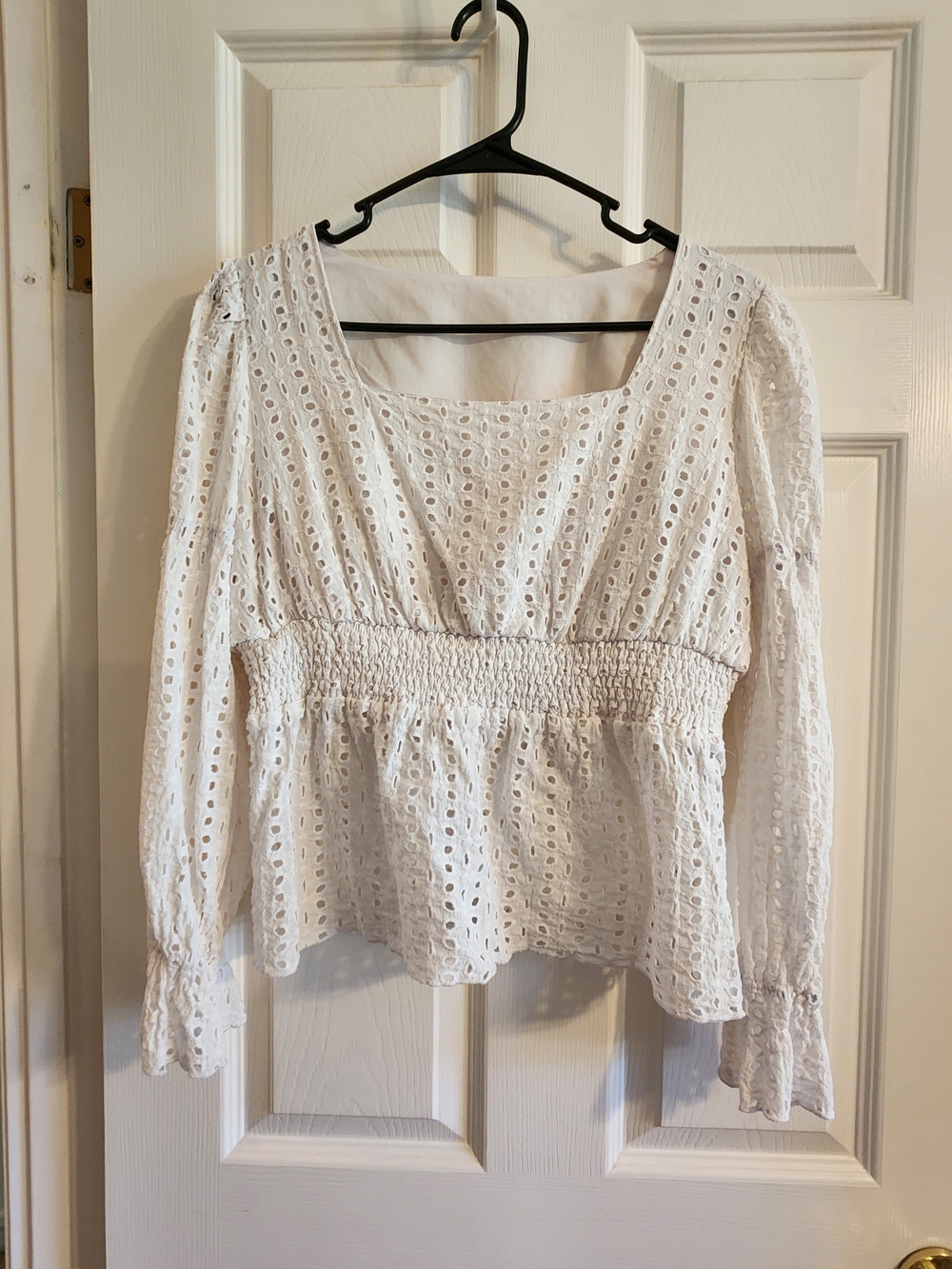 White Eyelet Smocked Waist Long-Sleeve Top Size XL
